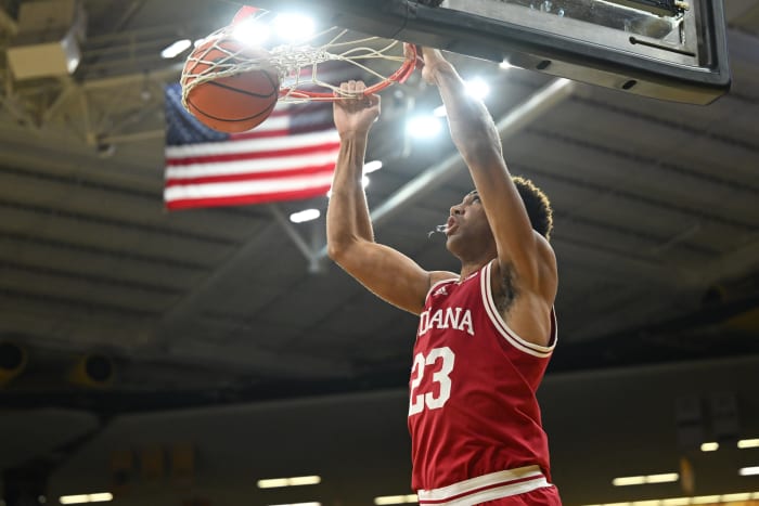 Indiana Hoosiers forward Trayce Jackson-Davis (23) completes a slam dunk against the Iowa Hawkeyes during the first half at Carver-Hawkeye Arena.